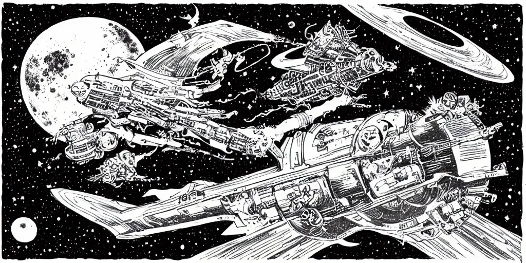 Image similar to spaceship in space flying to the mars by joe fenton and virgil finlay