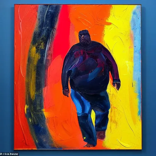 Prompt: _ in _ these _ paintings _ we _ see _ a _ big _ man _ who _ seem _ to _ be _ walking _ in _ circles in an empty void space, 4 k, in the style of ben quilty, minimal red and blue palette, medium shot, oil paint with thick brushstrokes of paint, impasto, detailed,