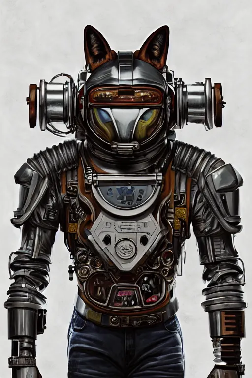 Prompt: a portrait of a muscular anthropomorphic cyberpunk fox lizard with big head in spacesuit armor with ensignia on chest plate by sandra chevrier, by jon foster, detailed render, pistol in holster, tape deck, epic composition, cybernetics, 4 k realistic, cryengine, realistic shaded lighting, sharp focus, masterpiece, by enki bilal