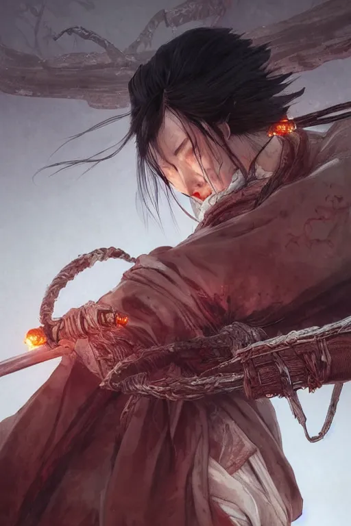 Prompt: Sekiro, digital painting, highly detailed, artstation, concept art, illustration, smooth, sharp focus, art by artgerm and greg rutkowski and alphonse mucha and loish and WLOP