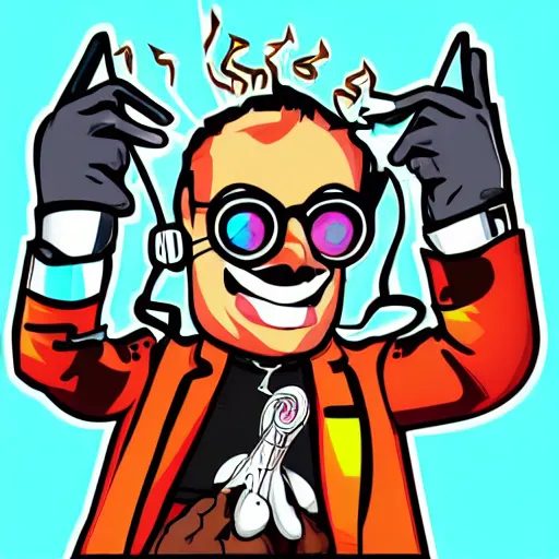 Image similar to svg vector sticker of absolutely insane-mad-scientist-villain, rocking out, wearing headphones, huge speakers, dancing, rave, DJ, spinning records, digital art, amazing composition, rule-of-thirds, award-winning, trending on artstation, featured on deviantart