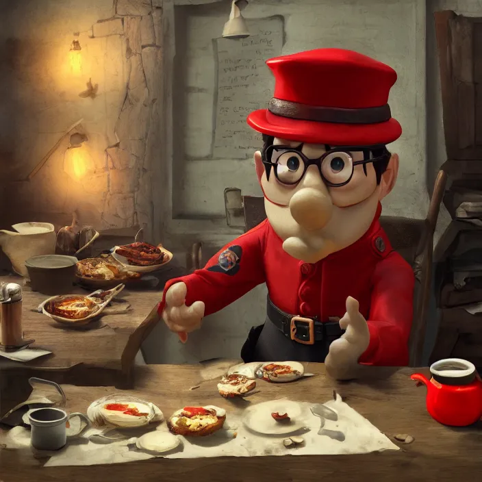 Prompt: postman pat devouring a bowl of worms, unreal engine, c 4 d, maya, museum ink painting, smooth, natural background, cinematic lighting, 8 k, artstation, concept art, aesthetic