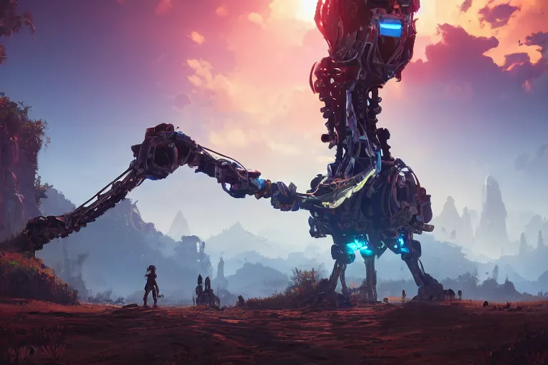 Image similar to tallneck machine mecanical creature robot of horizon forbidden west horizon zero dawn bioluminiscence global illumination ray tracing hdr fanart arstation by ian pesty and alena aenami artworks in 4 k