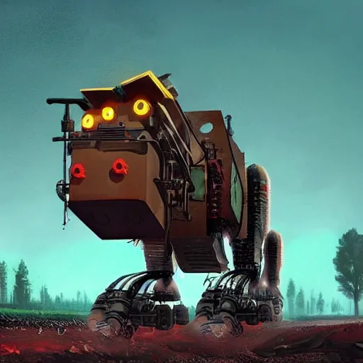 Image similar to giant scary quadrupedal mining machine, four legs, highly detailed body, industrial, in the style of simon stalenhag