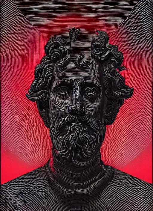 Image similar to dark design poster showing a statue of marcus aurelius, black background with very subtle red and purple design elements, powerful, nekro, vito acconci, thin straight lines, dark, glitch art, neo vaporwave, gritty, layout frame, square, trending on artstation