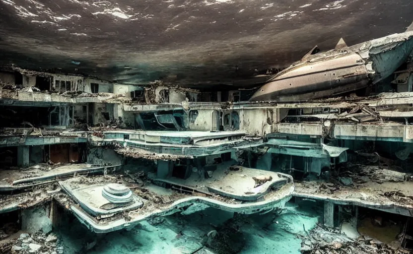 Image similar to an abandoned city underwater next to a luxurious submarine