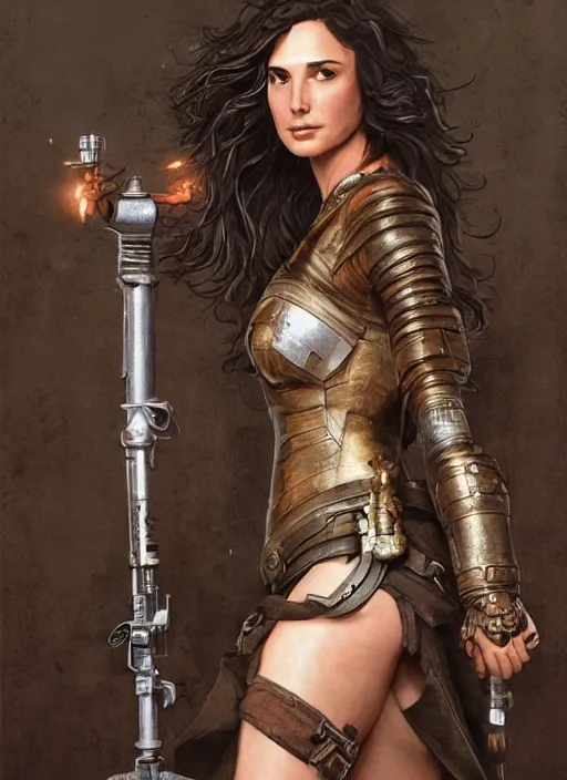 Prompt: highly detailed steampunk gal gadot action pose : leonardo da vinci, greg rutkowski, magali villeneuve