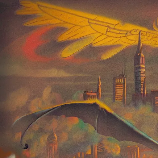 Prompt: dimly lit central smoke, muted multi-color lapis, muted neon smoke, ground fog, central smoke with vague feathered outline of fierce flying dragons with large vague outstretched wings, sun shaft, large city park