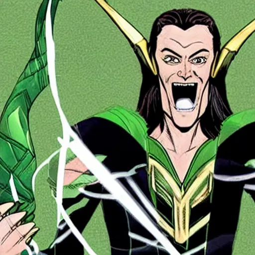 Prompt: this illustration is concept art for the comic book character of loki, the norse god of mischief with an amused expression. drawn by lee garbett, color artist by nolan woodard, and written by al ewing.