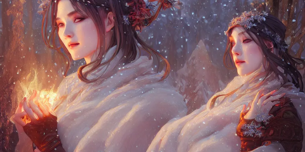 Image similar to beautiful ancient frost witch, fire in eye, snow glow, pool party, highly detailed, digital painting, artstation, sharp focus, illustration, art by tan zi and ayanamikodon and alphonse mucha and wlop