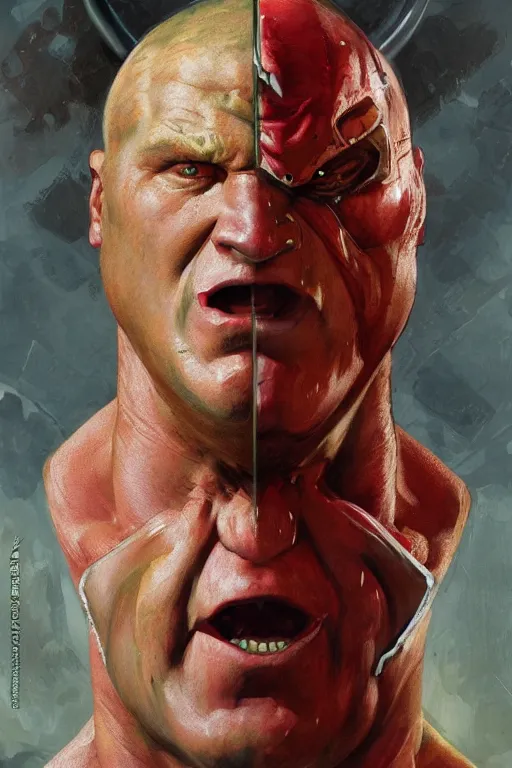 Image similar to upper body and head portrait of hulking brock lesnar as marvel juggernaut wearing battered armour, norman rockwell, wayne barlow, raymond swanland, tom lovell, alex malveda, boris vallejo, jack kirby, lawrence alma tadema, greg staples, jeremy mann, artstation comic character concept