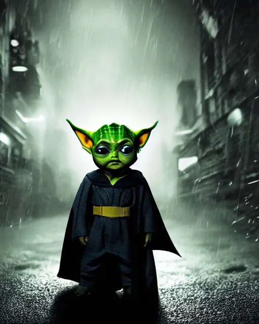 Image similar to epic closeup cinematic still of baby yoda as batman wearing batman costume with batmask and batcape as batman in atmospheric rainy alleyway in the style of batman the dark knight rises, 8 k backlit, rim lighting, dramatic moonlight lighting, beautiful composition