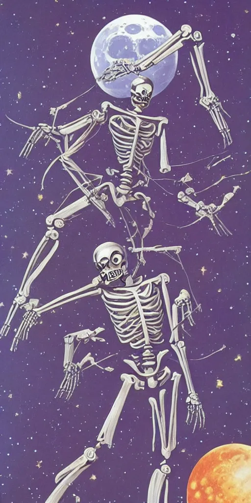 Image similar to retrofuturism, space ranger skeleton robot fighting aliens on the moon of Jupiter