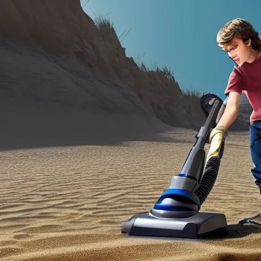 Image similar to anakin skywalker vacuuming the beach for sand, 4k, photorealistic,