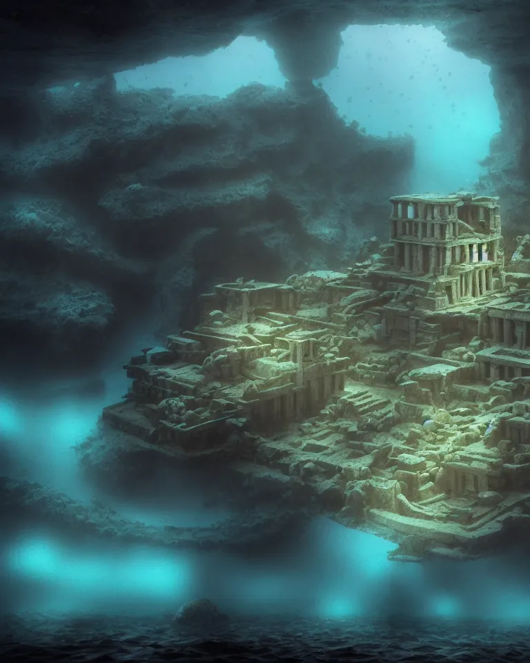 Image similar to full color, wide shot, submerged pre - incan temple, dark, underwater, symmetrical, bubbles, abyss, grenada underwater sculpture park, anime style mixed with fujifilm, detailed gouache paintings, stylized, dark, murky, foggy, atmospheric, artstation, cgsociety, octane render, cgi, unreal engine 5, denoise, cinematic masterpiece