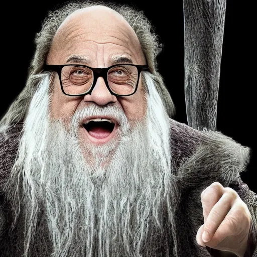 Image similar to danny devito starring as gandalf the white in the 2 0 2 4 lord of the rings movie, full body, hyper realistic, high quality, wide angle