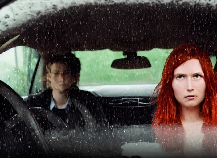 Image similar to A very high resolution image from a new movie, inside of a car, teen red hair woman, raining, hot, directed by wes anderson