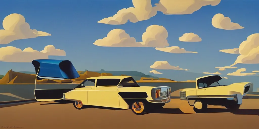 Image similar to futuristic car, blue sky, summer evening, kenton nelson