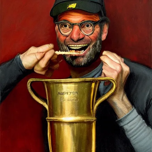 Image similar to jurgen klopp holding up a hot dog eating trophy, portrait by john william waterhouse and edwin longsden long and theodore ralli and nasreddine dinet, oil on canvas. cinematic, vivid colors, hyper realism, realistic proportions, dramatic lighting, high detail 4 k