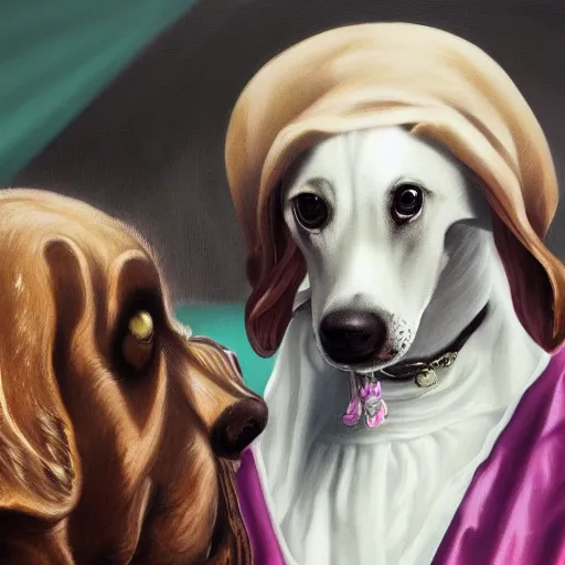 Image similar to Snoop Dogg is smelling a dog, rococo painting, smooth, sharp focus,, pixiv, ultra highly detailed