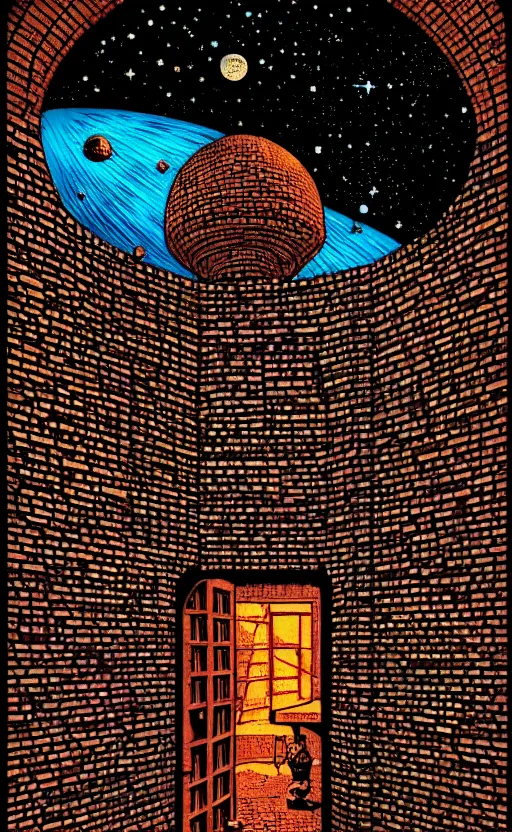 Image similar to ancient brickwall in a castle, round window looking out to the stars wizards mixing potions in his laboratory, high details, intricately detailed, by vincent di fate, inking, 3 color screen print, masterpiece, trending on artstation,, sharp, details, hyper - detailed, hd, 4 k, 8 k