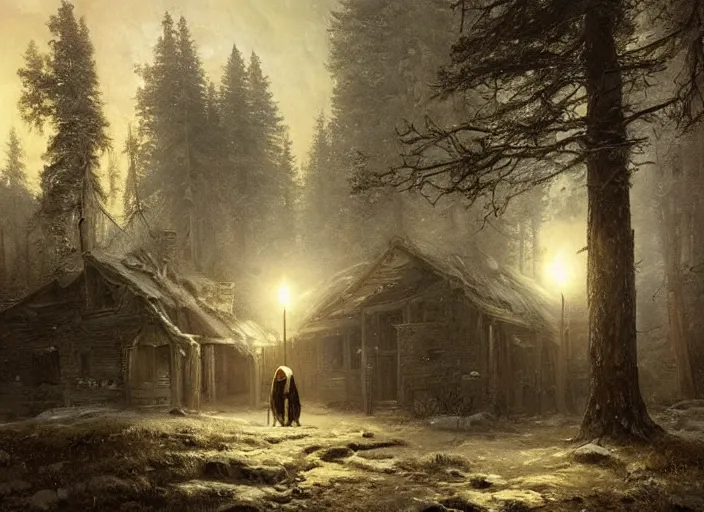 Image similar to A hooded figure carrying a torch approaches an abandoned tavern on a moonlit night, Ivan Shishkin and Greg Rutkowski