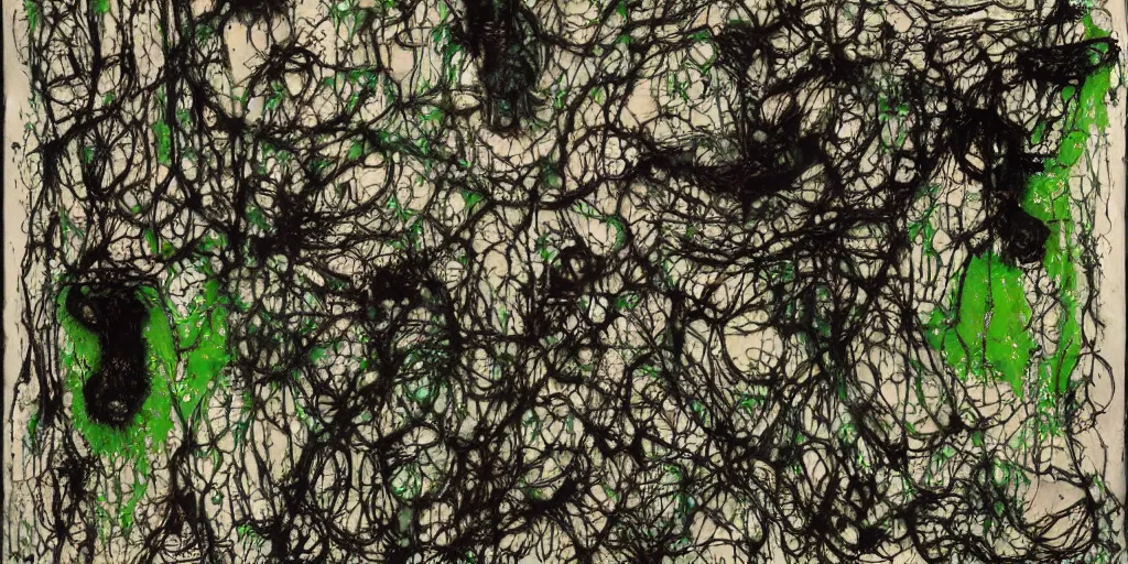 Image similar to a black and green biomechanical talisman of suffering, rotting, fungus, wings by maggi mcdonald, jackson pollock, mark rothko, sabina klein