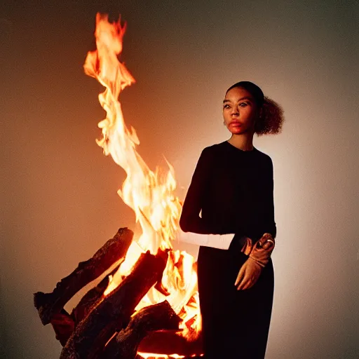 Image similar to realistic! photoshoot for a new chanel lookbook, color film photography, portrait of a beautiful woman, fire in the background, in style of tyler mitchell, 35mm