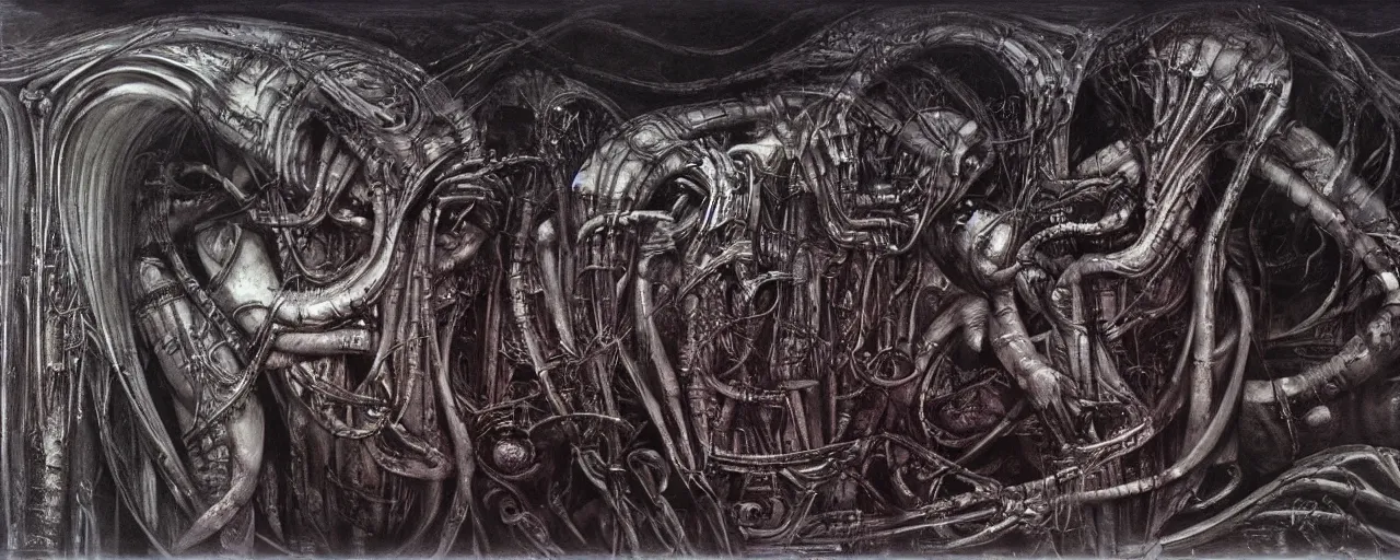 Image similar to painting _ by _ h. _ r. _ giger, the mysterious realm of magic, dark _ undertones