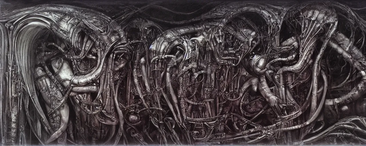 Prompt: painting _ by _ h. _ r. _ giger, the mysterious realm of magic, dark _ undertones