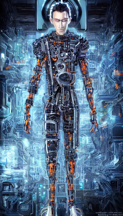 Image similar to full body head to toe portrait of a cyberpunk sci-fi cyborg netrunner bionic man, third person, D&D, sci-fi fantasy, matrix , intricate, black with shiny silver and orange fringe highlights, highly detailed, art by Range Murata, highly detailed, 3d, octane render, bright colors, digital painting, trending on artstation, sharp focus, illustration style of Stanley Artgerm, dramatic background