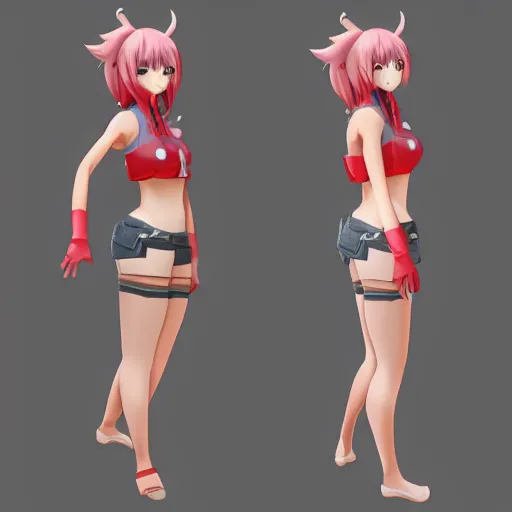 Prompt: 3 d modelling reference of an anime video game character. free download for artists. front, back and side view.