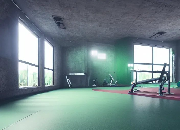 Image similar to photograph of a gym build on a bunker, cinematographic, sharp focus, elegant, green light, unreal engine 5, octane, 4 k