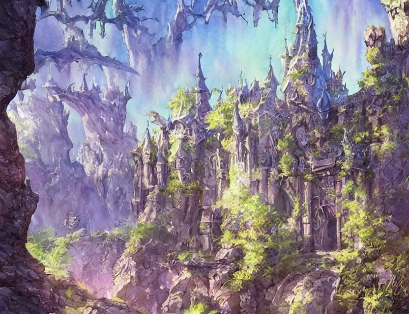 Prompt: futuristic scifi elven castle in springtime. this watercolor painting by the award - winning comic artist has interesting color contrasts, plenty of details and impeccable lighting.