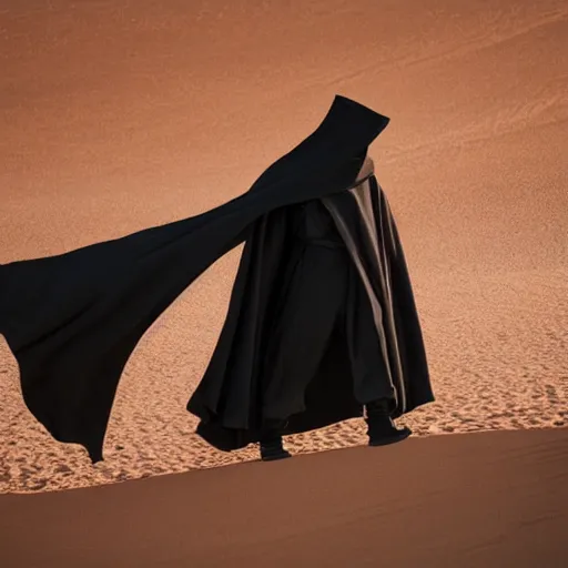 Image similar to a man wearing a long cloak and hood, in the desert, panavision panaflex