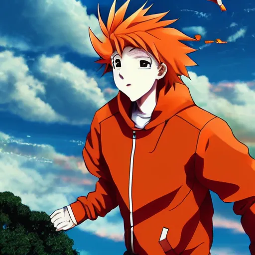 Image similar to orange - haired anime boy, 1 7 - year - old anime boy with wild spiky hair, wearing red jacket, flying through sky, jumping through clouds, late evening, blue hour, cirrus clouds, pearly sky, ultra - realistic, sharp details, subsurface scattering, blue sunshine, intricate details, hd anime, 2 0 1 9 anime