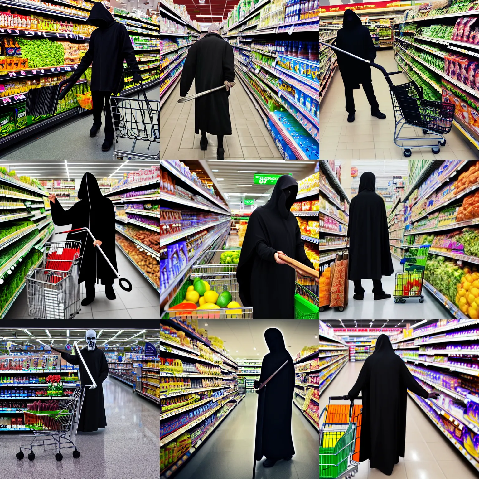 Prompt: the grim reaper with a scythe shopping at a supermarket, high quality photography, 4 k