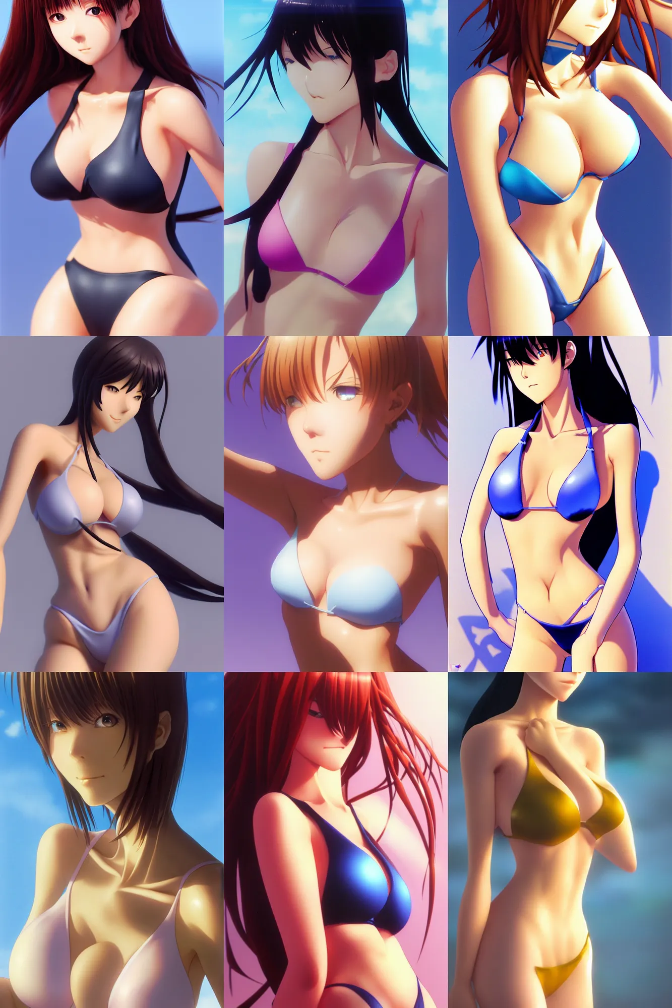 Image similar to close - up, accurately shaped face, volumetric light, posing in bikini. by takashi takeuchi, yoshiyuki sadamoto, amagaitaro, makoto shinkai, krenz cushart, asao urata, pixiv. 9 0 s