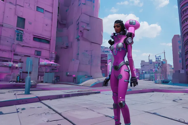 Image similar to a beautiful woman, piloting a mech. Pink and blue color scheme. Scifi city street background. In the style of Arcane by fortiche. Marmoset Toolbag, zbrush, substance painter.