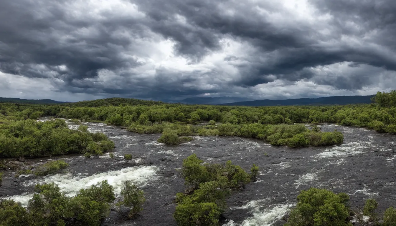 Image similar to barren river with large storm clouds and a single island