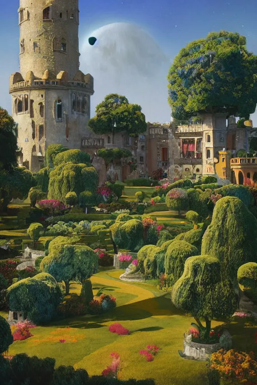 Image similar to painted tower of the moon in its gardens fairytale illustration, elaborate latticed balconies, tall windows, formal flower gardens, dramatic cinematic lighting, rich colors, golden age illustration, by Ludwig Deutsch and William Dyce and April Gornik and (Edmund Dulac and Nicholas Roerich),unreal engine