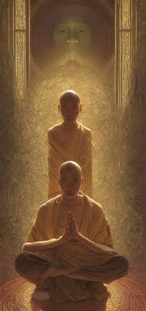 Prompt: ultra realistic illustration, a serene buddhist monk experiencing ego death, cyberpunk, sci-fi, fantasy, intricate, elegant, highly detailed, digital painting, artstation, concept art, smooth, sharp focus, illustration, art by artgerm and greg rutkowski and alphonse mucha, rene magritte, surrealism