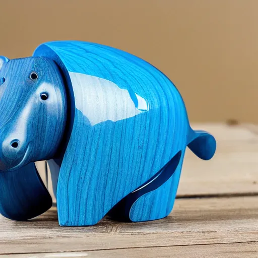 Prompt: a beautiful minimalist curvy shaped small sculpture of hippopotamus hippo baby, wood and blue epoxy, cubic blocks mix stripes cuts, detailed, fine, gorgeous