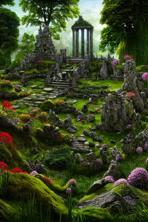 Image similar to photography of a hyper realistic lost celtic elven temple in a magical fantasy garden, lake, colorful flowers, epic scale, insanely complex, hyperdetailed, sharp focus, hyper realism, artstation, cgsociety, 8 k, bright colors, by takato yamamoto caspar friedrich, albert bierstadt, james gurney, unreal engine 5