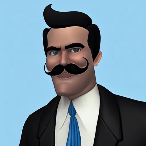Prompt: A man with a chiseled face and a big jawline with a mustache and slicked back jet black hair in a blue suit while smiling, at an angle, in the style of Team Fortress 2