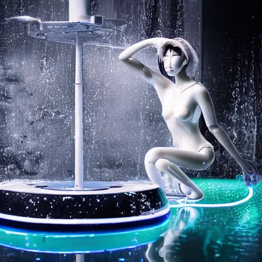 Image similar to beautiful centered Fine art photo portrait of HoYeon Jung as a solarpunk robotic humanoid treading on water, white mechanical parts with led lights, photorealistic, white background, highly detailed and intricate, sun lighting, HDR 8k