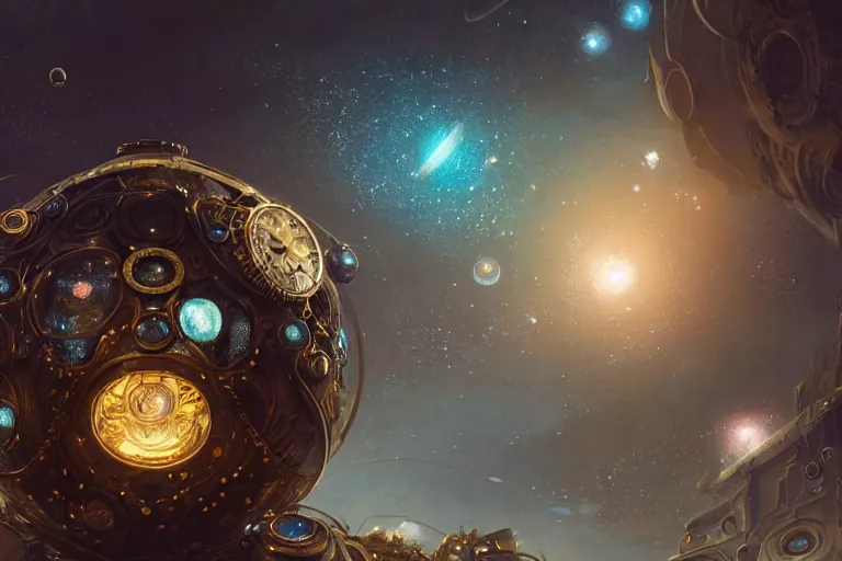 Image similar to A very highly detailed steampunk galaxy inside a resin cube on the table of a very highly detailed smooth futuristic lab digital concept art by Greg Rutkowski, neofuturistic highly detailed, digital concept art, Dimensional cyan gold natural light, sharp focus, realistic concept art by Stephen Hickman and James Gurney and Hiromasa Ogura rendered in Octane Render, From the distance
