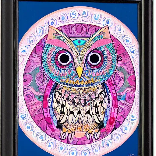 Image similar to owl, mandala, pink, blue, beautiful, by Alphons Mucha