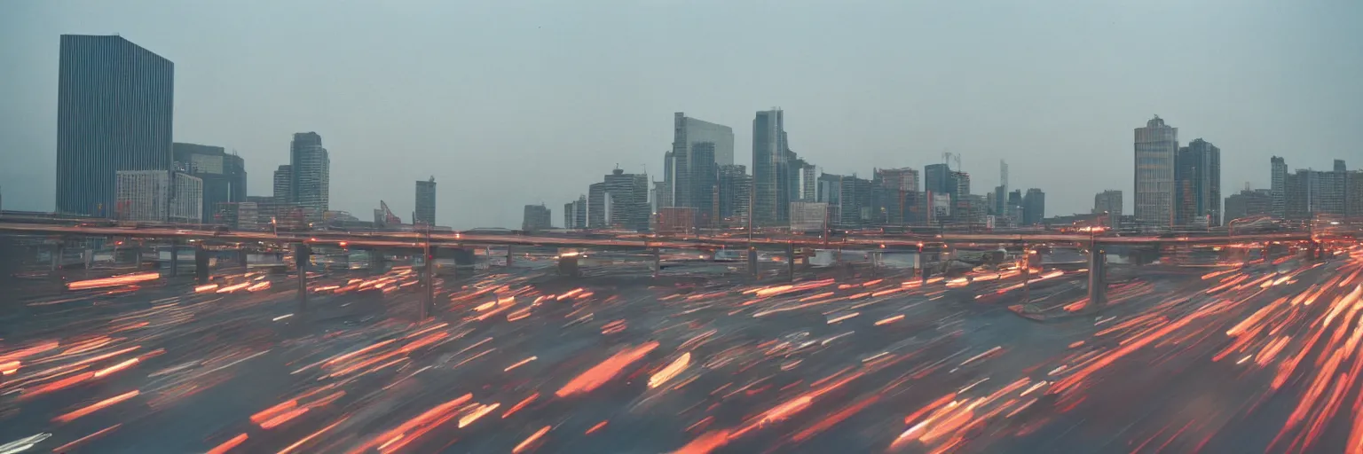 Prompt: 8 0 s neon movie still, high speed traffic by the river with city in background, slow shutter speed, medium format color photography, movie directed by kar wai wong, hyperrealistic, photorealistic, high definition, highly detailed, tehnicolor, anamorphic lens