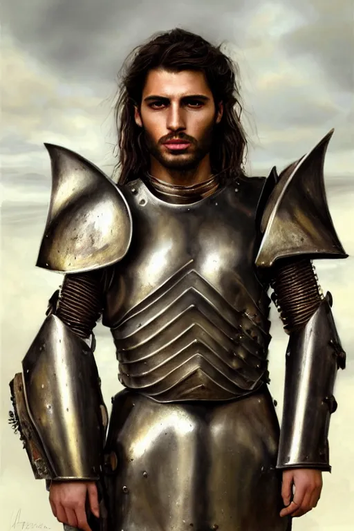Image similar to a photorealistically painted portrait of a rugged young man, partially clothed in metal-plated battle armor, with an abstractly painted background, flawless olive skin, fair complexion, long dark hair, beautiful bone structure, perfectly symmetric facial features, perfect photorealistic eyes, muscular physique, intricate, elegant, digital painting, concept art, finely detailed, beautifully illustrated, sharp focus, minimal artifacts, volumetric lighting, from DOOM and Halo, by Ruan Jia and Mandy Jurgens and Artgerm and William-Adolphe Bouguerea, in the style of Greg Rutkowski, trending on Artstation, award winning art